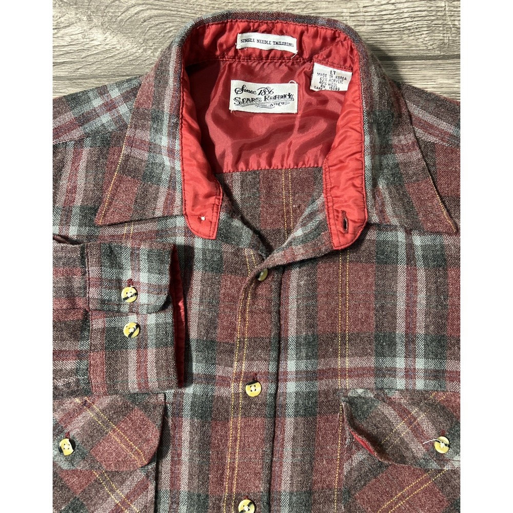 Vintage 80s Sears Roebuck Wool Blend Plaid Flannel Shirt Men's Sz LT Large Tall